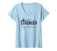 Mujer Stronger Than the Storm Faith Bible Verse Sign Inspirational Camiseta Cuello V