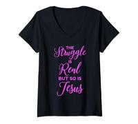 Mujer Struggle is Real Jesus Christian Women Verso de la Biblia Pray Pink Camiseta Cuello V