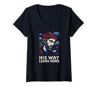 Mujer Su Camino Lleva a casa Inspiración Cristiana Jesús Diseño artístico Camiseta Cuello V