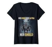 Mujer Su Rey Su Alfa Su Escudo Divertido Alfa Lobo Meme Camiseta Cuello V