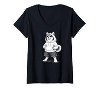 Mujer Sudadera con Capucha para Perro con Gafas de Sol Urban Shiba Camiseta Cuello V