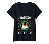 Mujer Suéter de Navidad Divertido con Texto en inglés All I Want For Christmas Is A Kitty Cat Camiseta Cuello V