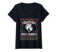 Mujer Suéter Feo de Navidad All I Want For Christmas Is White Sharks Camiseta Cuello V