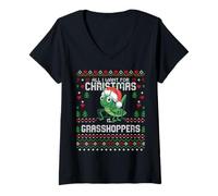 Mujer Suéter Feo de Navidad de Insectos entomólogo Saltamontes de Navidad Camiseta Cuello V