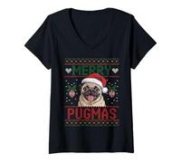 Mujer Suéter Feo navideño Merry Pugmas Dog Pug Camiseta Cuello V