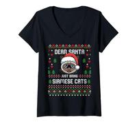 Mujer Suéter navideño de Dear Santa Bring Siamese Cats Ugly Xmas Camiseta Cuello V