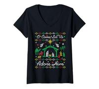 Mujer Suéter navideño Let Us Adore Him Manger Christian Ugly Camiseta Cuello V