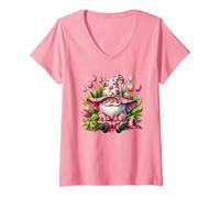 Mujer Summer GNOME For Flower Lovers and Women with Pink Tulips Camiseta Cuello V