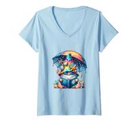 Mujer Summer GNOME For Teacher Reading Books Under Sun Parasol Camiseta Cuello V