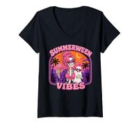 Mujer Summer Halloween Skeleton Costume, Spooky Summerween Graphic Camiseta Cuello V