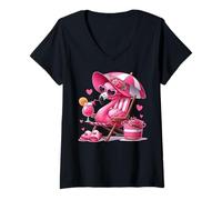 Mujer Summer Pink Flamingo Beach Drink Sand Cruise Vacaciones Mujeres Camiseta Cuello V