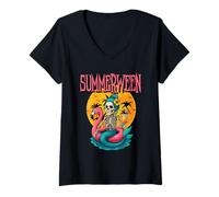 Mujer Summerween Skeleton Mermaid Flamingo Floatie Halloween Beach Camiseta Cuello V