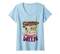 Mujer Summerween Vibes Esqueleto Piscina Flamenco Verano Halloween Camiseta Cuello V