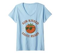 Mujer Sun Kissed Sauce Ready Funny Tomate Gafas de sol Camiseta Cuello V