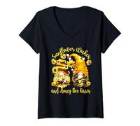 Mujer Sunflower Wishes and Honey Bee Kisses with Cute Summer GNOME Camiseta Cuello V