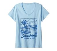 Mujer Sunset Beach Bar Palmera "Sunshine on My Mind" Retro Surf Camiseta Cuello V