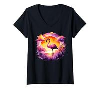 Mujer Sunset Flamingo Colores Vibrantes Relajación Vibes Camiseta Cuello V
