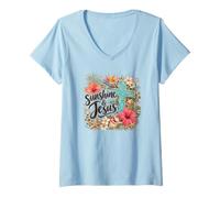 Mujer Sunshine and Jesus Christian Summer Coastal Beach Floral Camiseta Cuello V