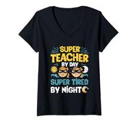 Mujer Super Maestro De Día Súper Cansado De Noche Superhéroes Escuela Camiseta Cuello V