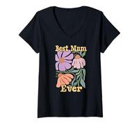 Mujer Supercute Love her Retro Floral Groovy Boho, la mejor mamá de la historia del Reino Unido Camiseta Cuello V