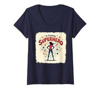 Mujer Superhéroe en Entrenamiento empoderando a Las Mujeres Estilo cómic Retro Camiseta Cuello V, Azul Marino, XXL