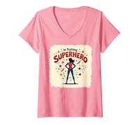 Mujer Superhéroe en Entrenamiento empoderando a Las Mujeres Estilo cómic Retro Camiseta Cuello V, Rosado, M