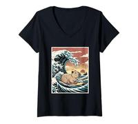 Mujer Surf Capibara Gran Ola Puesta Del Sol Retro Estilo Japonés Camiseta Cuello V