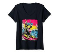 Mujer Surf Doberman Riding Wave Dog Surfer Sunset Beach Camiseta Cuello V