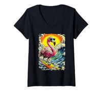 Mujer Surf Flamenco Montar Ola Surf Animal Puesta del Sol Playa Camiseta Cuello V
