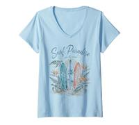 Mujer Surf Paradise Ride The Wave Tres Tablas de Surf Tortuga Marina Camiseta Cuello V