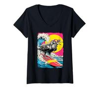 Mujer Surfear Cuervo Montar Océano Ola Surfista Animal Puesta del Sol Camiseta Cuello V