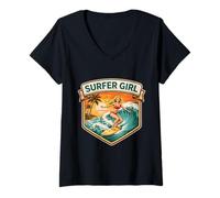 Mujer Surfer Chica Mujer Surfeando Vintage Tabla De Surf Olas Océano Lindo Camiseta Cuello V