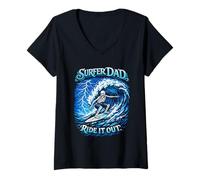 Mujer Surfer Dad Skeleton Riding Wave Ocean Tabla de Surf Camiseta Cuello V