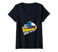 Mujer Surfin The Road Trucker Diesel Surf Trucker Conductor de camión Camiseta Cuello V