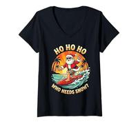 Mujer Surfing Santa Ho Ho Ho Vacaciones Hawaii Navidad Playa Diversión Camiseta Cuello V