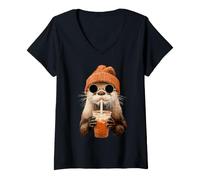 Mujer Suricato Molón con Gafas Café con Hielo Amante del Café Camiseta Cuello V