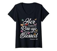 Mujer Sus Hijos se levantan llamarla benditos proverbios 31 2 Biblia Camiseta Cuello V