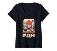 Mujer Sushi Japón EBI Salmón Wasabi Retro Japonés Kanji Souvenir Camiseta Cuello V