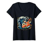 Mujer Sushi japonés Ola dinámica océano Comida Arte diseño Icono Conjunto Camiseta Cuello V