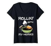 Mujer Sushi Roll Friends Juego de Palabras Divertido Salsa de Soja Humor Arte Camiseta Cuello V
