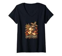 Mujer Sweet Grace Autumn Harvest Manzanas de Trigo Camiseta Cuello V