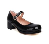 Mujer Sweet Mary Jane Zapatos de Charol con Punta Redonda Zapatos de tacón Casuales Correa de Tobillo Tacones de Bloque,Negro,37 EU