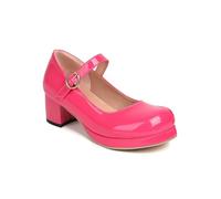 Mujer Sweet Mary Jane Zapatos de Charol con Punta Redonda Zapatos de tacón Casuales Correa de Tobillo Tacones de Bloque,Fuchsia,34 EU