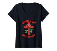 Mujer Swing Low Sweet Chariot Cruz y Rosa Motivo Camiseta Cuello V