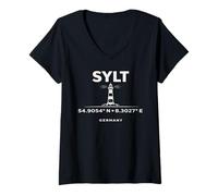 Mujer Sylt Alemania Faro Coordenadas Mar del Norte Camiseta Cuello V