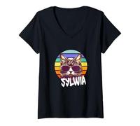 Mujer SYLWIA - Bonito nombre de niña con un gato genial Camiseta Cuello V