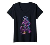 Mujer Synthwave Cat on Bike Rider Retro 80s 90s Ciclismo Camiseta Cuello V