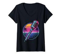 Mujer Synthwave Micrófono Mic Cantante Podcast Anfitrión Podcaster Camiseta Cuello V