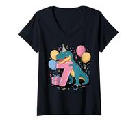 Mujer T-Rex 7 cumpleaños niño niña 7 años Tyrannosaurus Rex Camiseta Cuello V