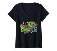 Mujer T-Rex de superhéroe volando a través del espacio - Dibujos animados divertidos Camiseta Cuello V